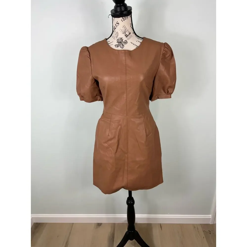 Cupcake & Cashmere Maggie Dress Brown Faux Leather Mini Dress with pockets - Picture 2 of 16